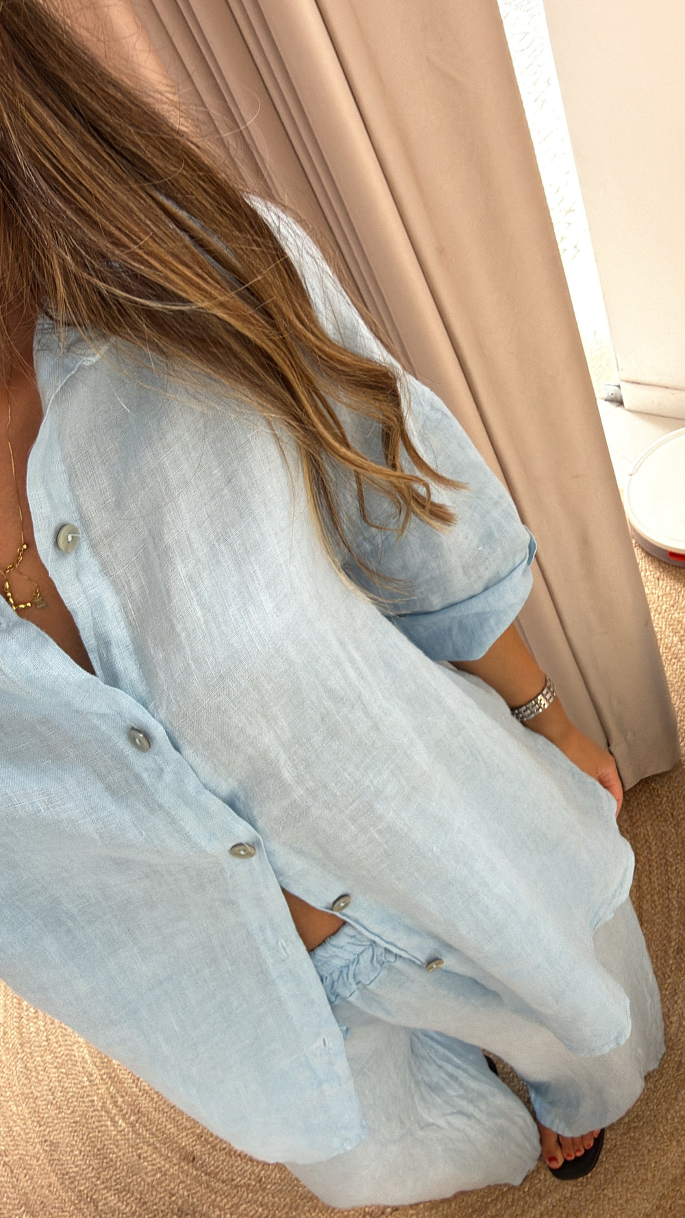 Conjunto de linho azul bebé