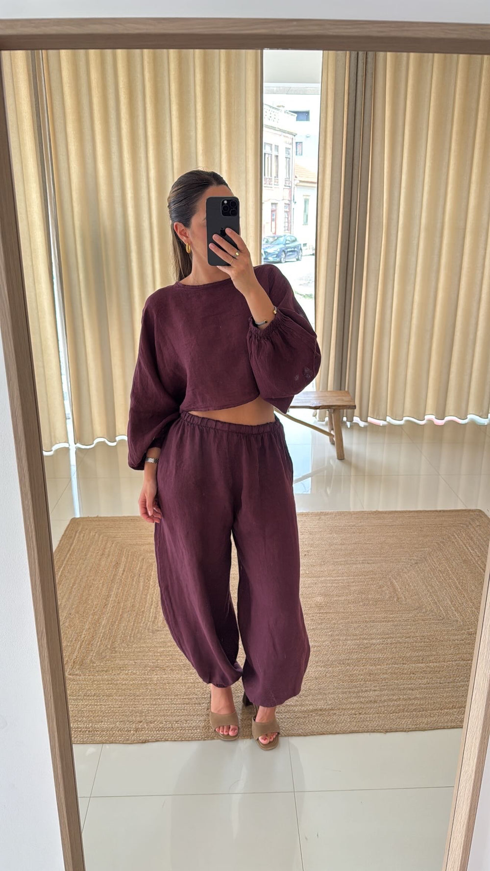 Conjunto blusa e calça bombacha beringela