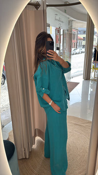 Conjunto de linho azul Turquesa