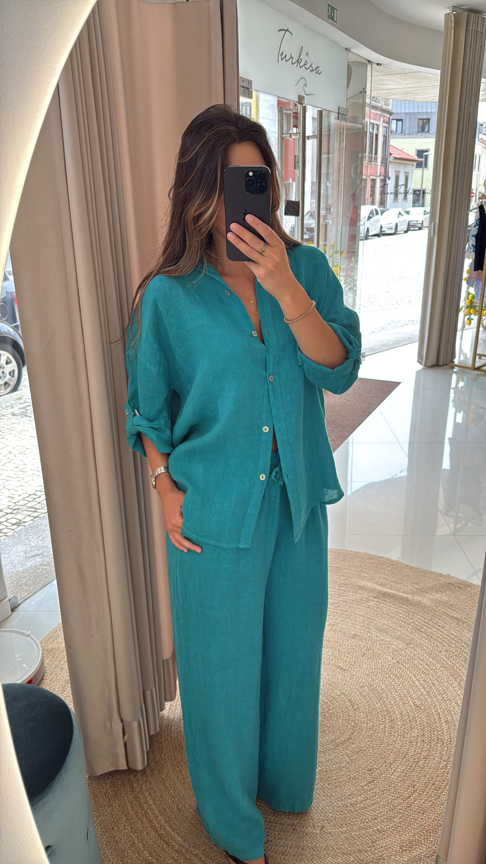 Conjunto de linho azul Turquesa