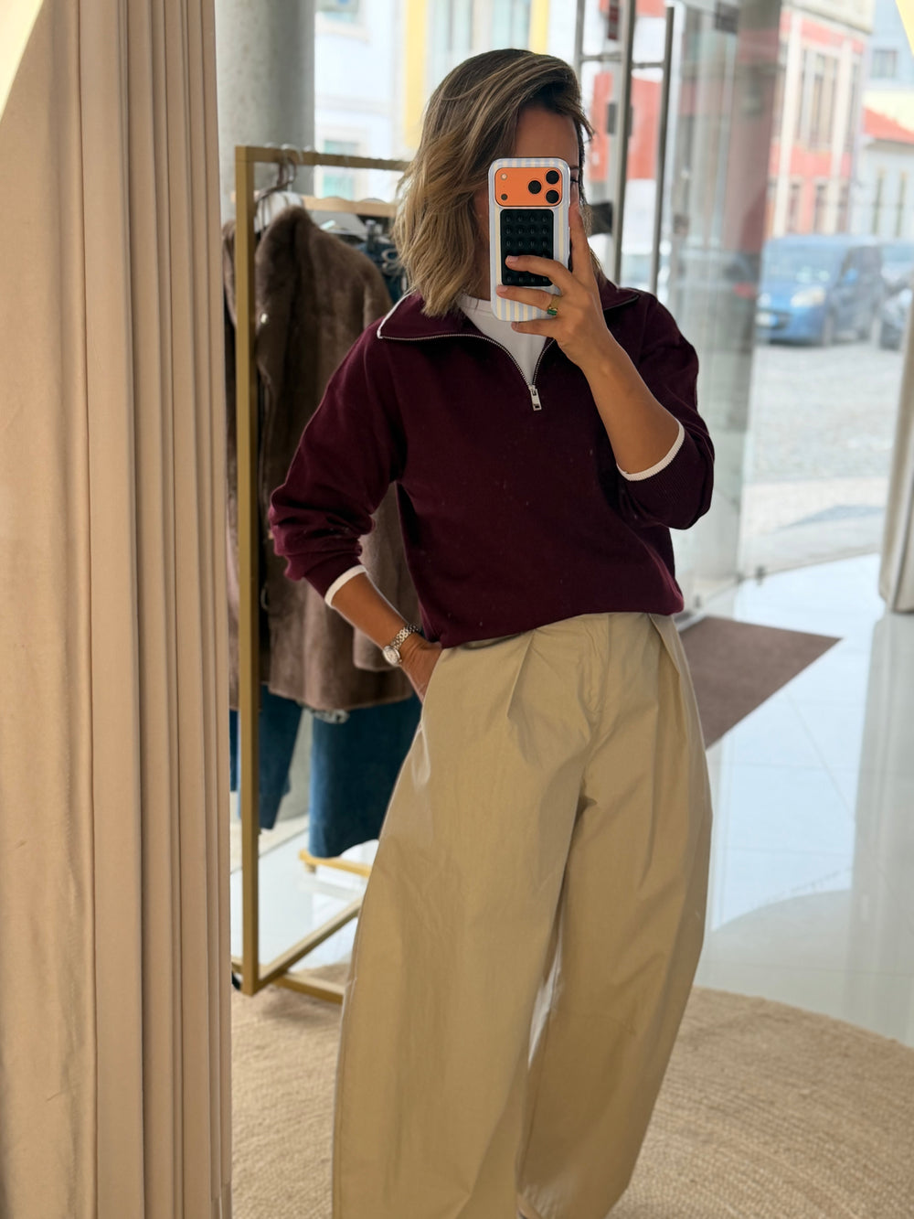 Polo com fecho Bordeaux