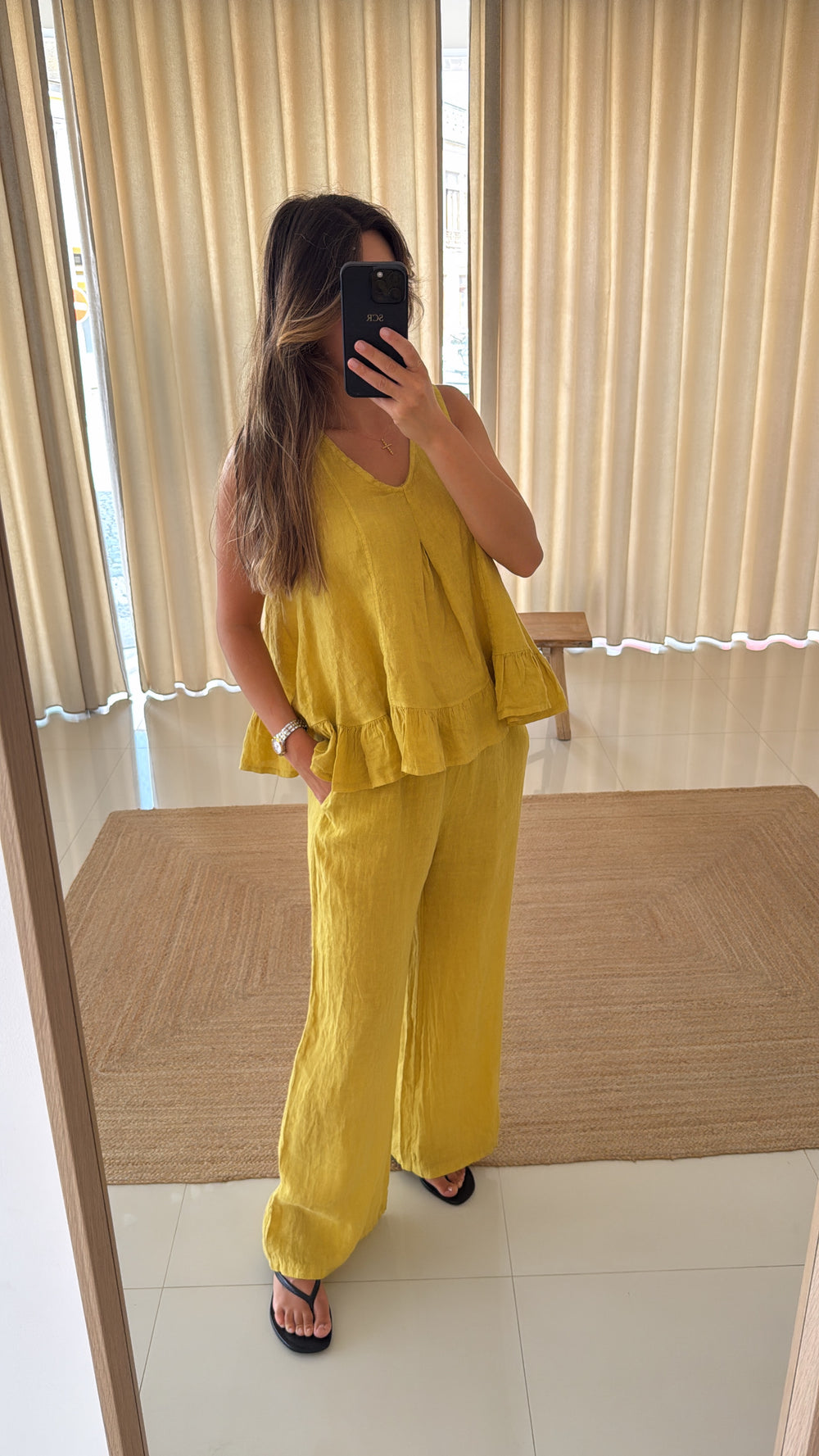 Conjunto linho top mostarda