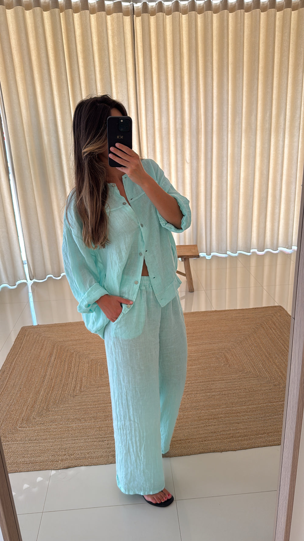 Conjunto linho Bomber verde água