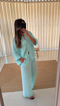 Conjunto linho Bomber verde água