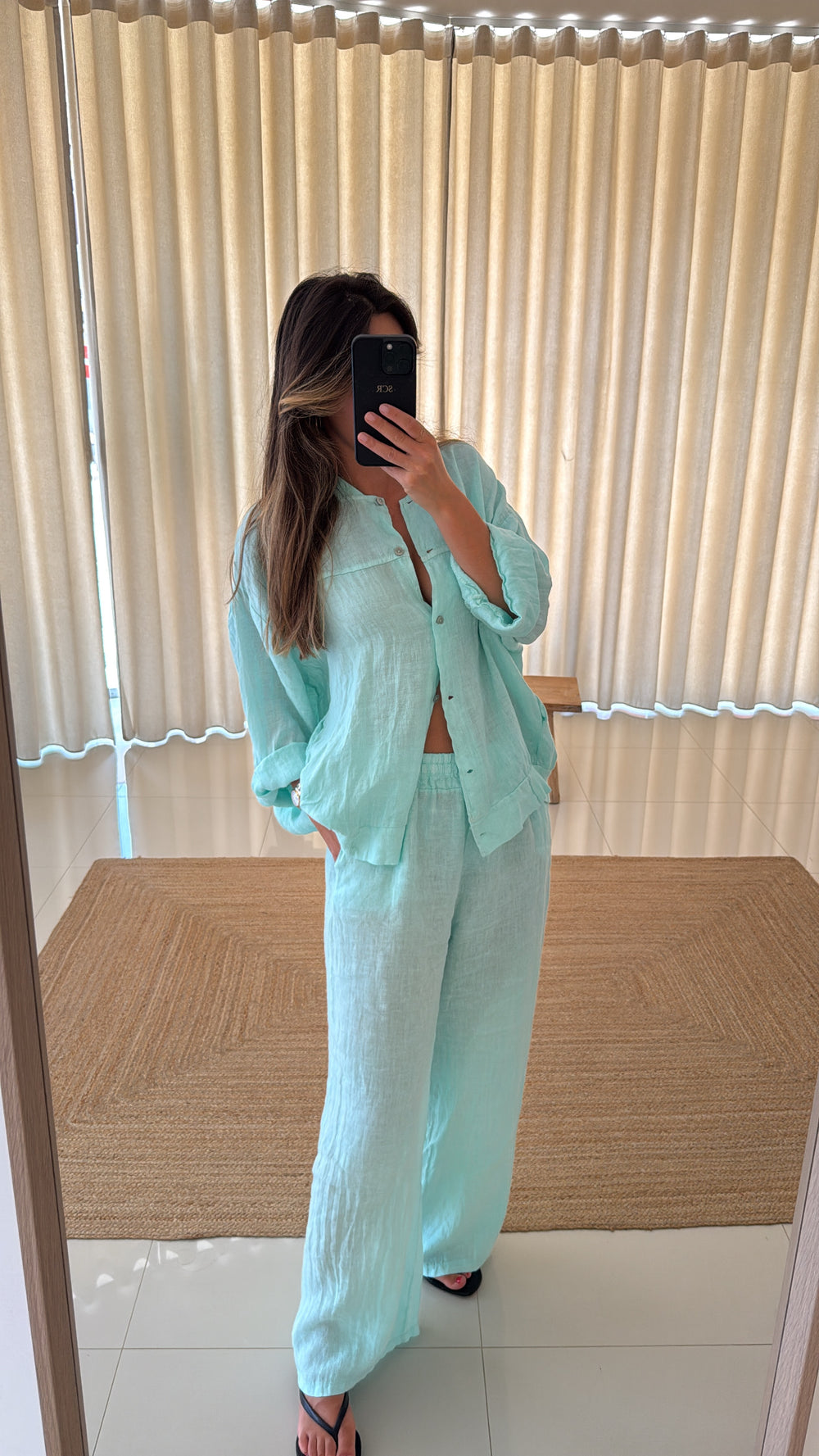 Conjunto linho Bomber verde água