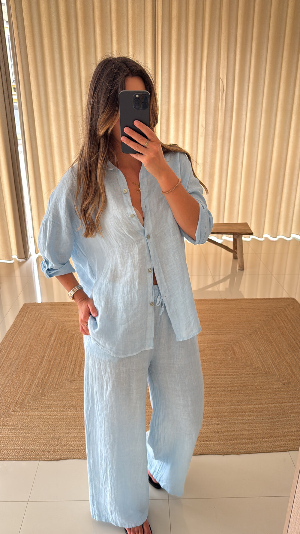 Conjunto de linho azul bebé