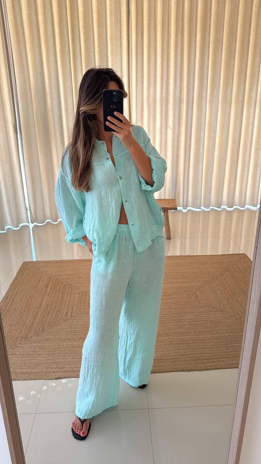 Conjunto linho Bomber verde água