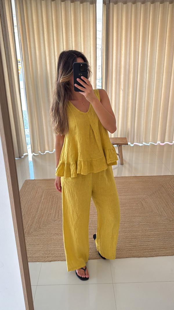 Conjunto linho top mostarda