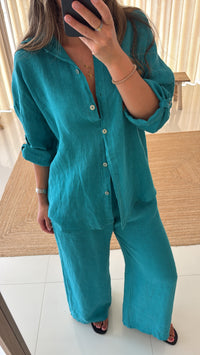 Conjunto de linho azul Turquesa