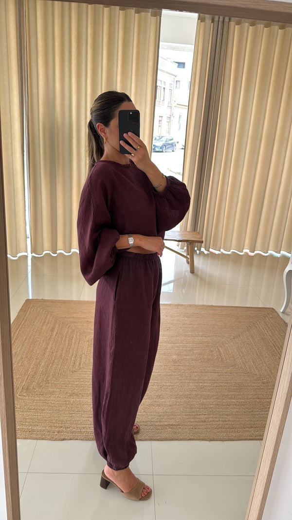 Conjunto blusa e calça bombacha beringela