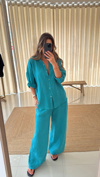 Conjunto de linho azul Turquesa