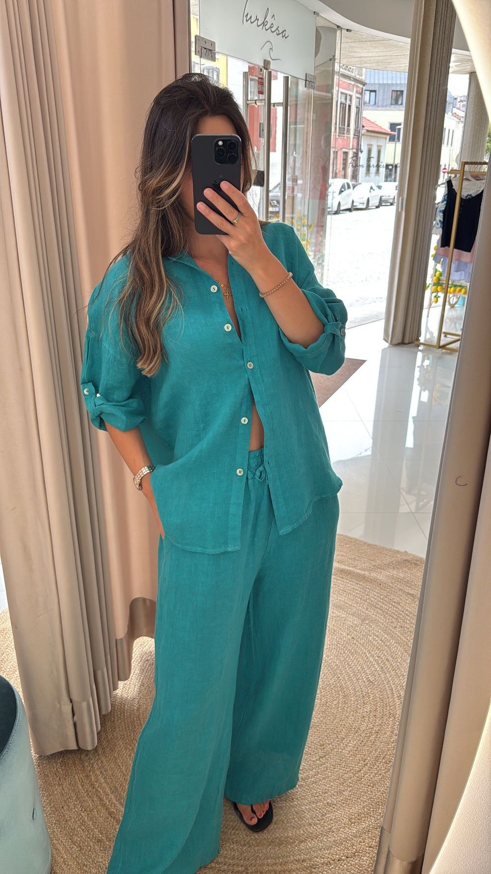 Conjunto de linho azul Turquesa