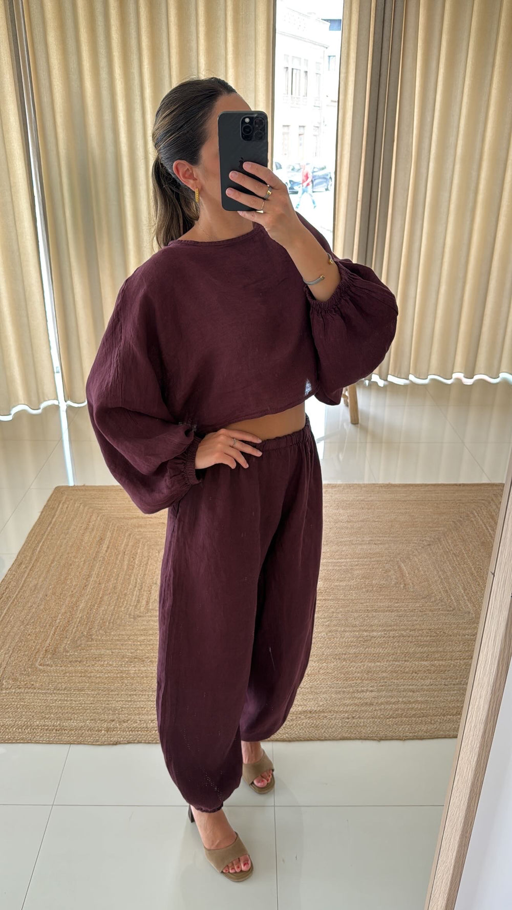 Conjunto blusa e calça bombacha beringela