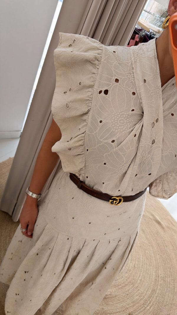 Vestido bordado inglês bege