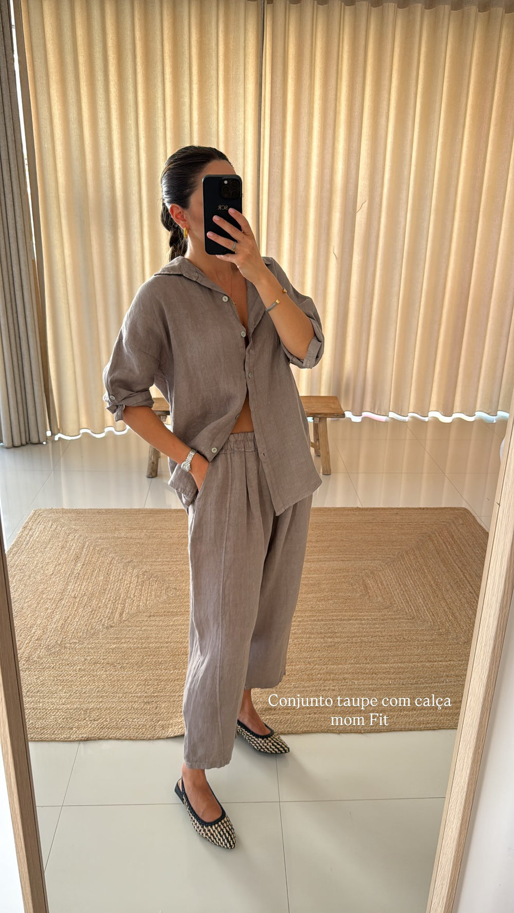 Conjunto linho calça mom fit taupe