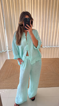 Conjunto linho Bomber verde água