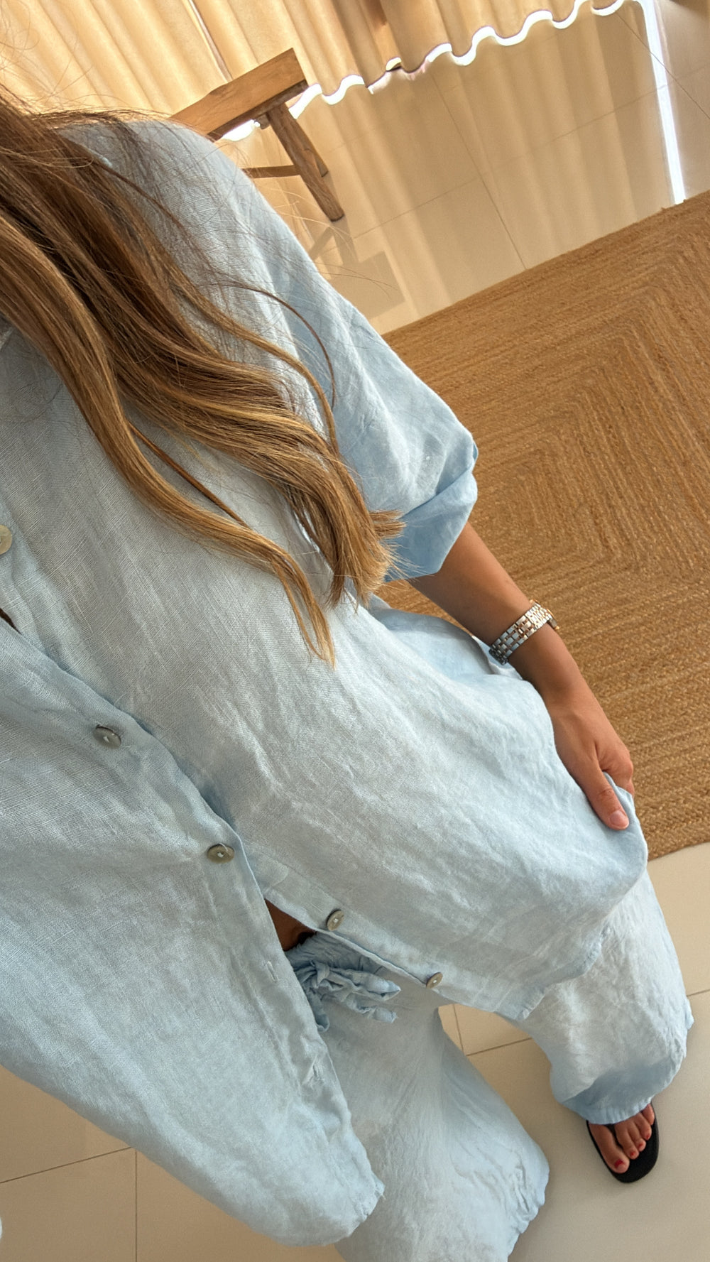 Conjunto de linho azul bebé