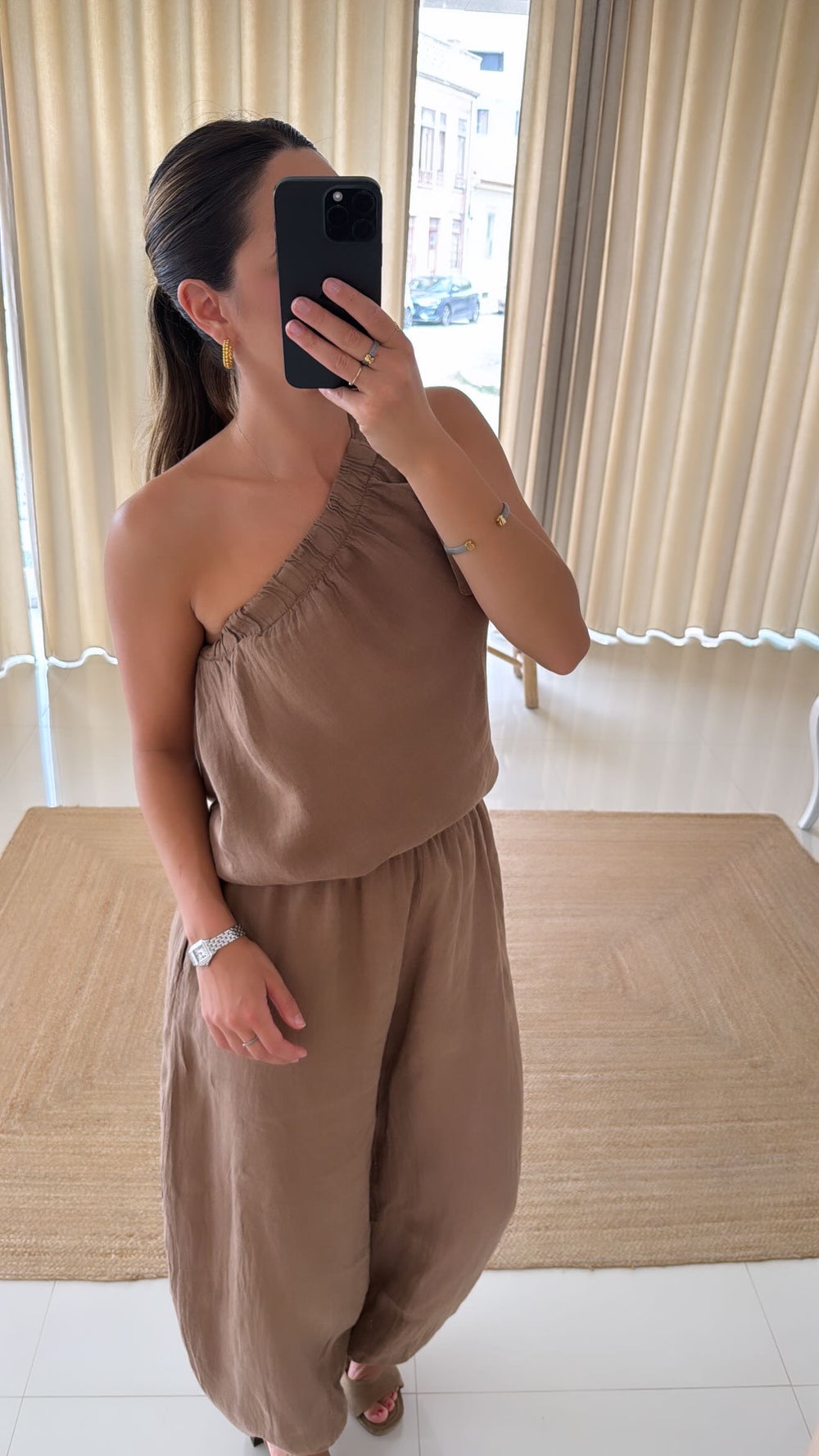 Conjunto top e calça bombacha camel