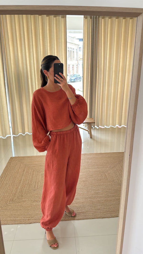 Conjunto blusa e calça bombacha terracotta