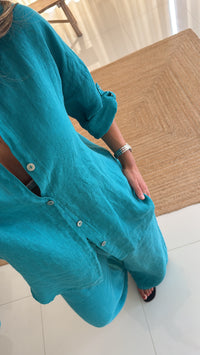 Conjunto de linho azul Turquesa