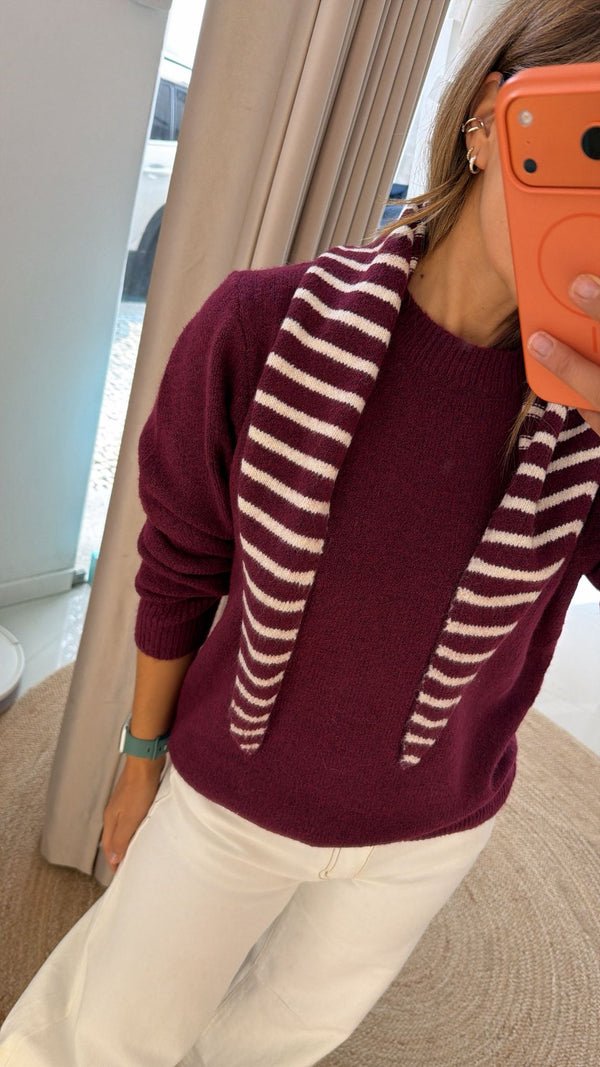 Camisola com Cachecol às Riscas Bordeaux