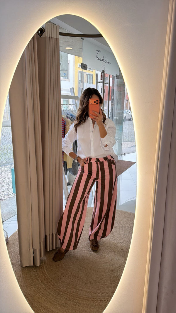 Calças às Riscas Rosa e Castanho
