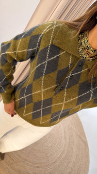 Polo de Malha Losangos Verde e Cinza