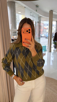 Polo de Malha Losangos Verde e Cinza