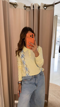 Polo Losangos Amarelo Pastel e Azul