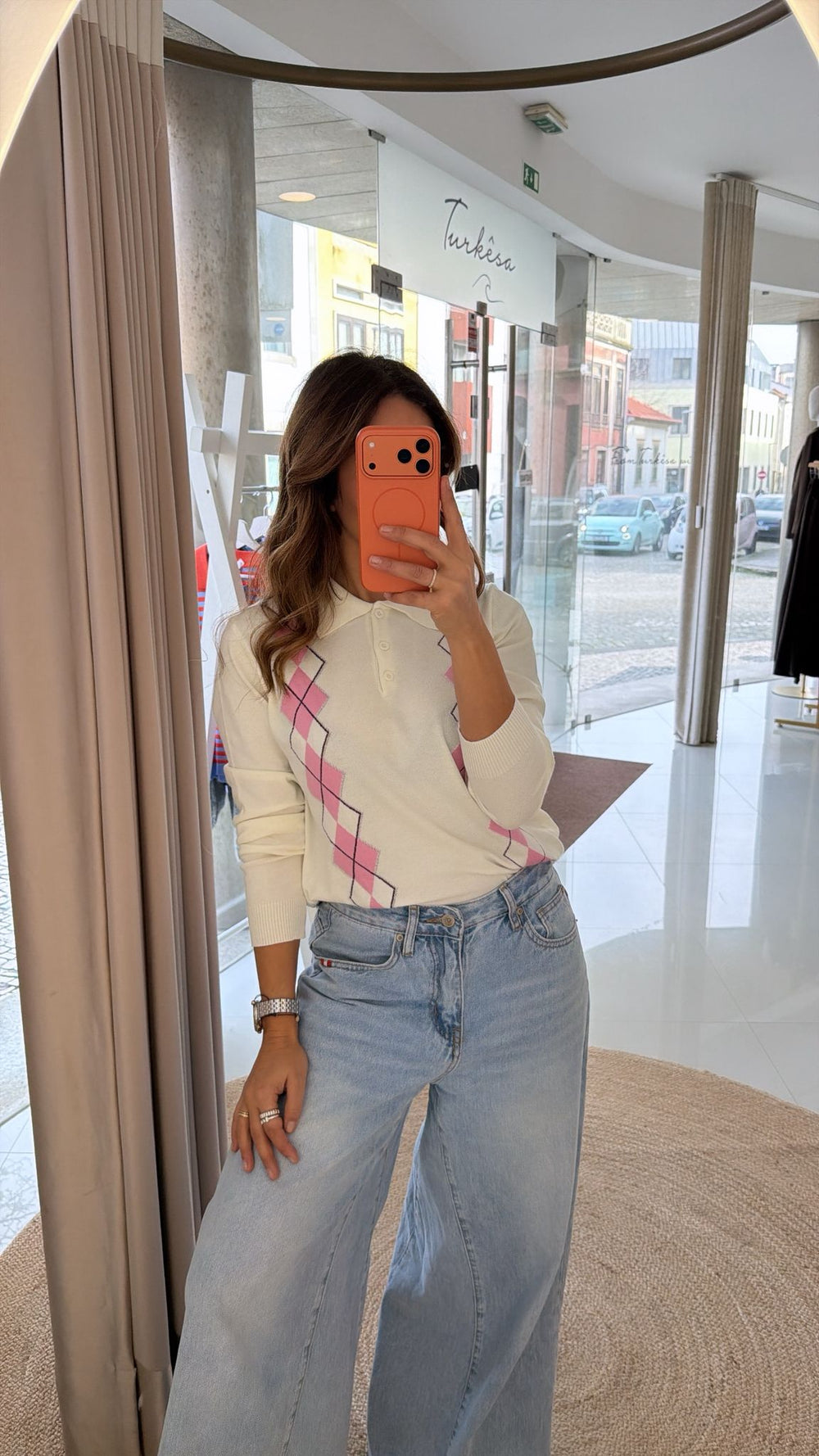 Polo Losangos Branco e Rosa