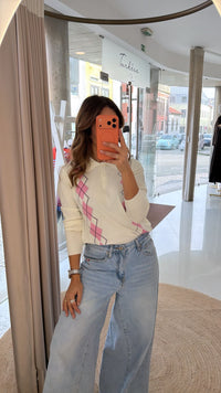 Polo Losangos Branco e Rosa