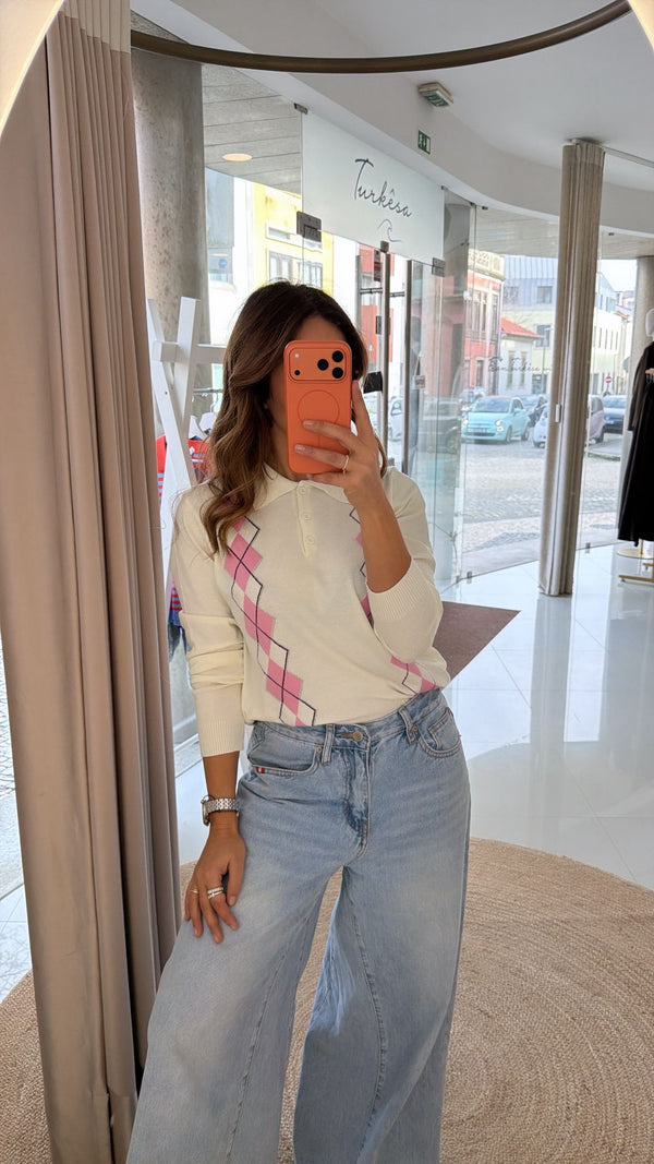 Polo Losangos Branco e Rosa