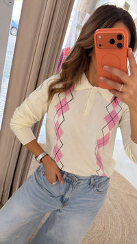 Polo Losangos Branco e Rosa