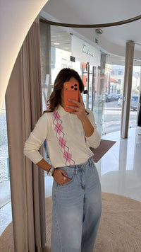 Polo Losangos Branco e Rosa