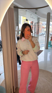 Camisola Pastel às Riscas com Gola Rosa